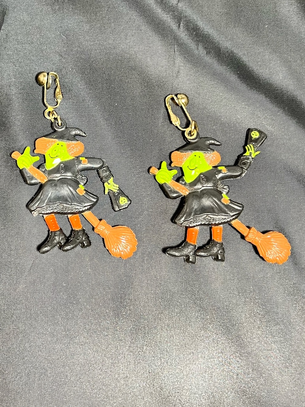 Vintage Halloween Witch Moving Joints Plastic Clip-On Large Earrings